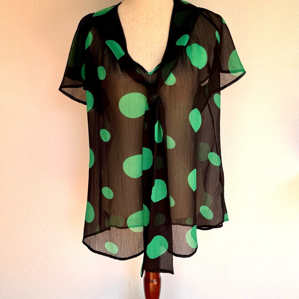 West Kei Sheer Black and Kelley Green Polka Dot Women's Top Size Medium